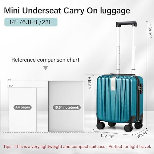 Image of Hanke 14 Inch Underseat Carry On Luggage with Wheels Hard Shell Suitcases Carry On Bag Lightweight Small Mini Suitcase Tsa Luggage for Travel. Caribbean Blue.
