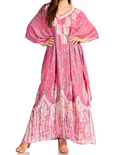Sakkas 1902 - Tacy Casual Boho Summer Maxi Dress Caftan Kaftan Cover-up LougeWear - 10-HibiscusPink - OS