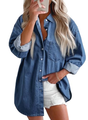 Astylish Women Denim Shirts Button Down Blouse V Neck Casual Tops