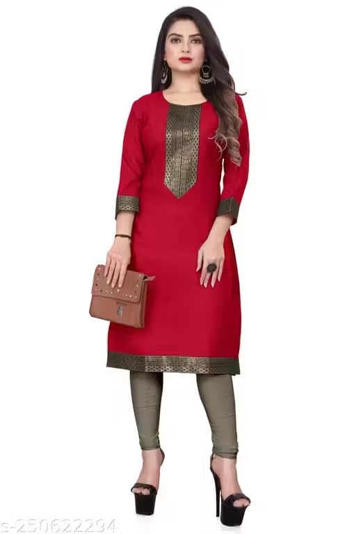 Image of Women Straight Woven Design Cotton Blend Round Neck 3 /4 Sleeve Kurti Only