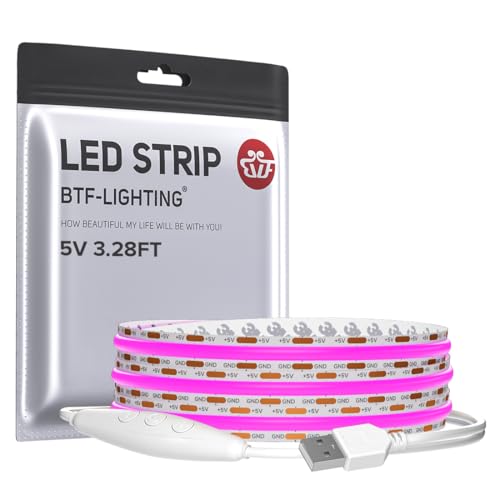 Image of BTF-LIGHTING 5V USB Purple Color COB LED Strip Lights Super Bright Dimmable LED Tape Light,3.28FT 320LEDs Flexible Light Strip with Strong 3M Tape for 3D Printer,TV Backlight,Cabinet,Home Lighting