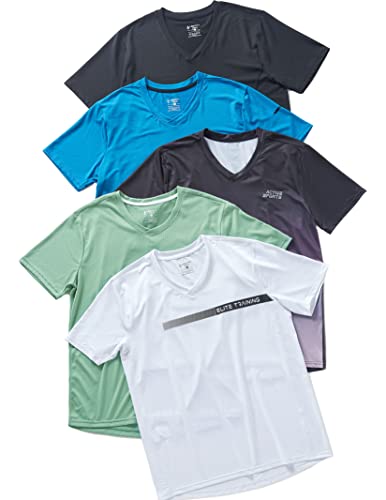 5 Pack Mens V-Neck Dry Fit T-Shirts, Active Athletic Short Sleeve Workout Tops, Performance Gym Tees (Set 2, Medium) #TOP1