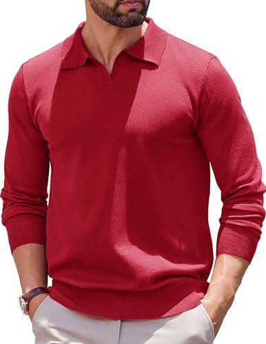 COOFANDY Long Sleeve Polo Shirts for Men Knit Polo Sweater Lightweight Ribbed Pullover Sweater Wine Red