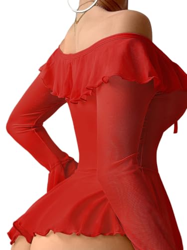 Image of Foxiny Sheer Ruffle Long Sleeve Babydoll Lingerie Dress | Off-shoulder neckline, flared cuffs and a flounce hem add movement; thong and thigh-high stockings complete the 3-piece set