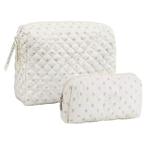 LURVOUS 2 Pcs Floral Makeup Bag, Cotton Flower Cosmetic Bag Small Floral Make Up Bag Flower Toiletry Bag Quilted Makeup Bag Cute Travel Cosmetic Bag for Women Girls (White)