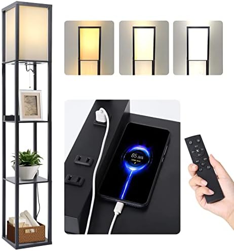 Floor Lamp with Remote, Floor Lamp with Shelves, Shelf Floor Lamp with 3 Level Dimmable Brightness, Column Floor Lamps with 2 USB Port & 2 Power Outlets, Standing Lamp with Shelves, Black