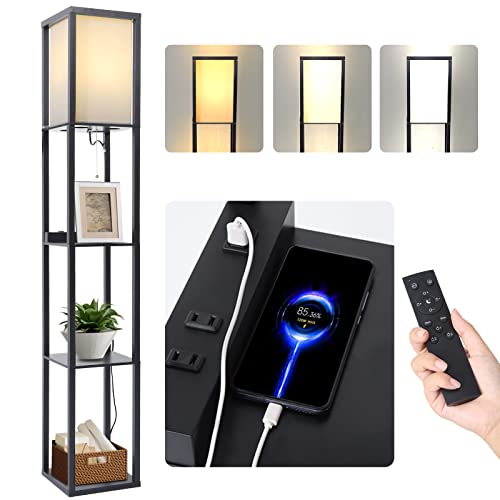 Floor Lamp With Remote, Floor Lamp With Shelves, Shelf Floor Lamp With 3 Level Dimmable Brightness, Column Floor Lamps With 2 Usb Port & 2 Power Outlets, Standing Lamp With Shelves, Black #TOP25
