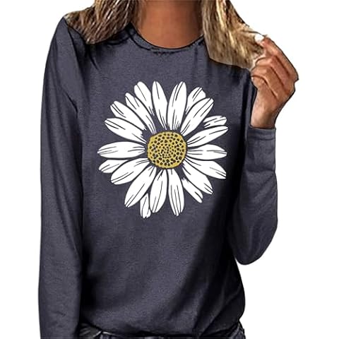 WUAI-Women Long Sleeve Graphic T Shirt Plus Size Sunflower Print Cute Funny Graphic Tees Casual Cotton Tee Tunic Tops(Blue,XX-Large) Cover
