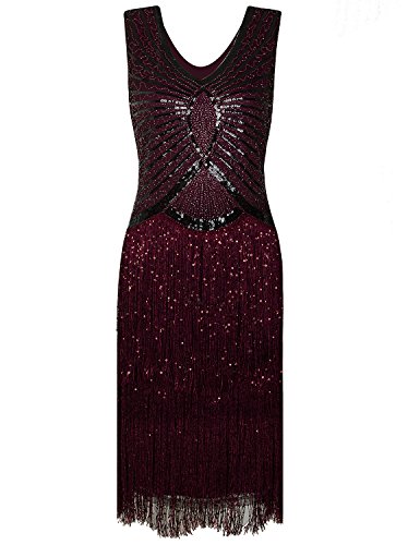Vijiv 1920s Style Inspired Charleston Sequin Layer Tassel Cocktail Flapper Dress, Wine Red, Medium