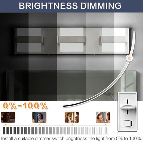 Image of SOLFART Brushed-Nickel Bathroom Vanity Light Fixtures Over Mirror,3 Lights Bath Lighting Restroom Light Modern LED Vanity Lights for Bathroom Bath Lights