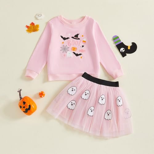 Toddler Baby Girl Halloween Outfits Long Sleeve Letter Ghost Embroidery Sweatshirt A-line Tulle Skirt with Headband2