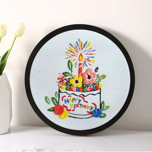 Image of Esffaci Embroidery Starter Kit for Adult Beginner with Birthday Cake Flowers Pattern Hand Embroidery Set with Cloth Hoop Needle Threader Floss and Instruction
