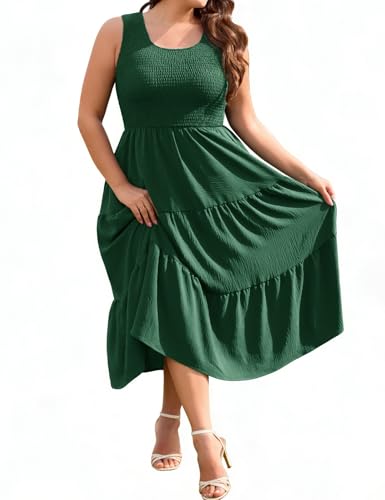 heekpek Vestidos Tallas Grandes Mujer Verano Cuello en U Elegantes Vestido Sin Mangas Vestidos Largos Casual con Bolsillos, Verde Oscuro, 3XL