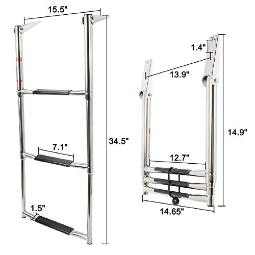Novelbee 3/4/5 Step 14" Centrum Width Ladder Stainless Steel Telescoping Drop Heavy Duty Ladder With Elastic Strap And Mounting Screws For Boat Marine Yacht (3 Step Ladder) #TOP1