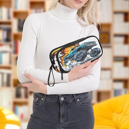 Image of Truck Flame Pencil Case Box Boys Girls Large Pencil Pouch with Zipper Compartments Big Capacity Stationery Pen Bag Organizer for Kids Teens Adults School