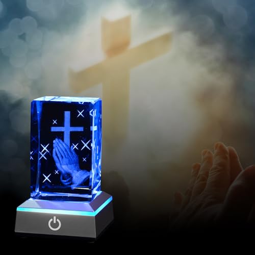 Image of 3D Praying Hands Crystal Night Light with Multicolor LED Base Glass Laser Engraved Cross Figurine Religious Christian Gifts for Men Women Birthday Christmas Room Home Decor