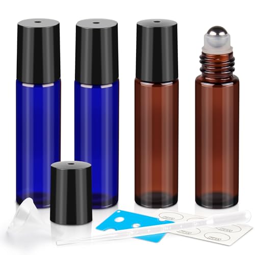 ZEJIA 10ml Roller Bottles for Essential Oils, 4 Pack Glass