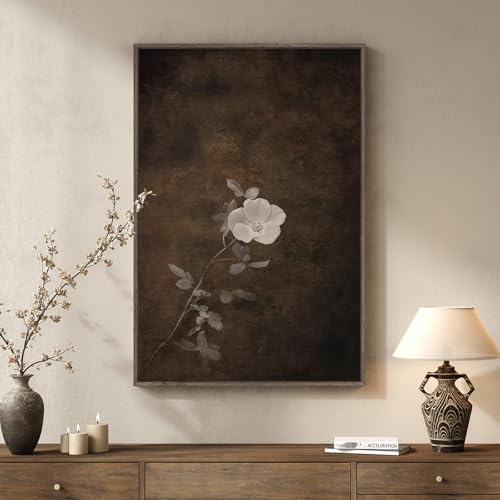 Framed Vintage Floral Vertical Wall Art, Moody Neutral Minimalist Botanical