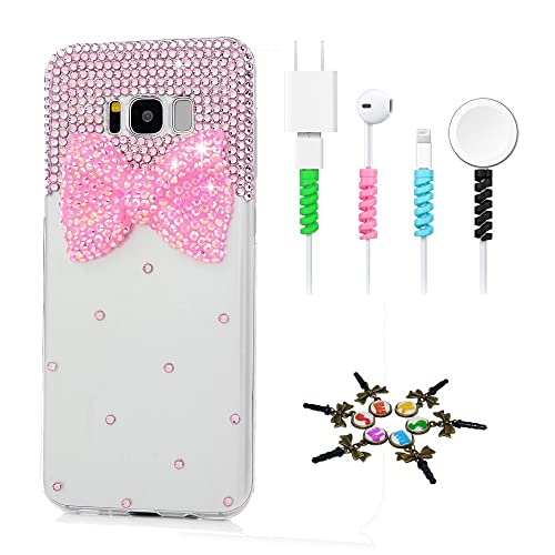 STENES Sparkle Case Compatible with Samsung Galaxy A50 - Stylish - 3D Handmade Bling Bowknot Design Cover Case with Cable Protector [4 Pack] - Pink
