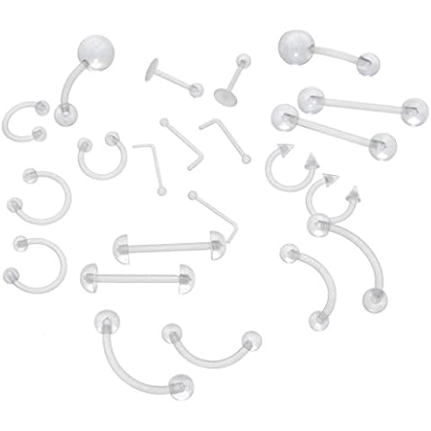 Oasis Plus 22pcs 14G 16G 18G 20G Clear Flexible Bioplast Retainer Navel Belly Ring Eyebrow Tongue Nipple Barbell Nose Lip Labret Stud Cover