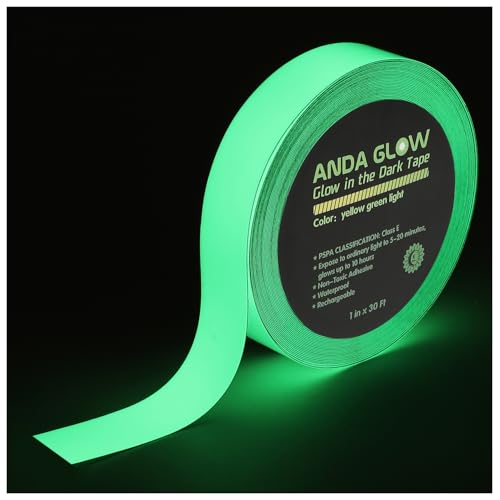 High Brightness Glow in The Dark Tape for Safety Marking, Art Craft DIY, Christmas Deco and Party Accessories. Non-Toxic Adhesive, Waterproof Rechargeable Luminous Tape (1 in X 30 ft)