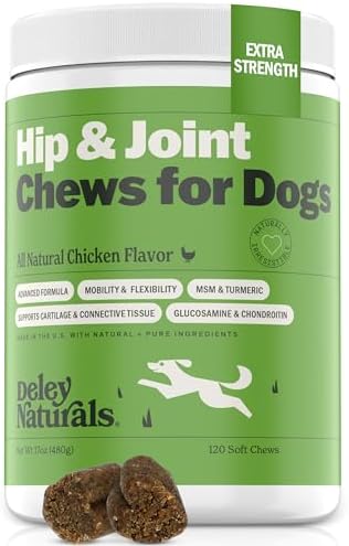 Hip and Joint Support Supplement for Dogs – Advanced Arthritis Pain Relief – Chondroitin, MSM, Organic Turmeric, & Glucosamine for Dogs – Made in USA – 120 Grain Free Soft Chews, Deley Naturals