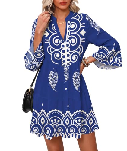 Image of Opemiby Summer Dresses for Women 2026 Flowy Ruffle 3 /4 Sleeve V Neck Tiered Casual Babydoll Boho Beach Mini Dress