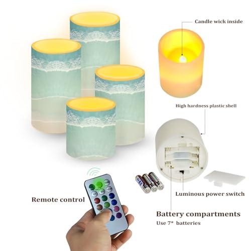 Image of Flameless Flickering Candles with Remote Set of 2, Beach Light Blue, Color Changing Battery Operated LED Candles with Timer for Home Indoor Coastal Decoration