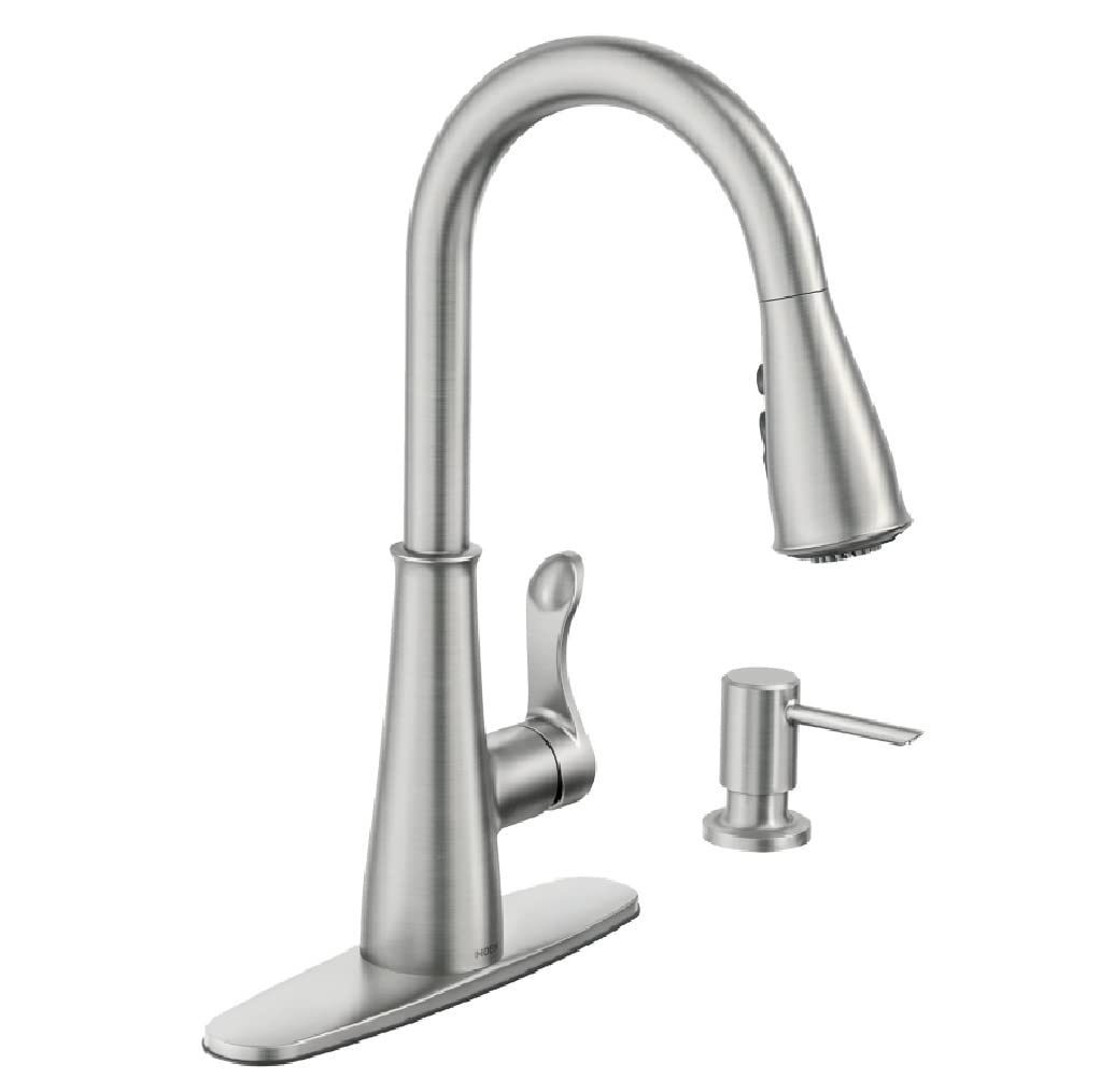 Moen 87245SRS Pull-down Kitchen Faucet in Spot Resist Stainless finish with a matching soap dispenser.