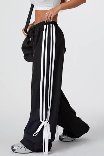 Women's Y2K Baggy Bow Wide Leg Pants Striped Track Elastic Waist Long Sweatpants Parachute Pants3