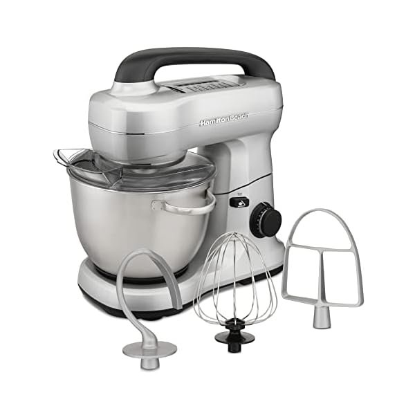 Hamilton Beach Electric Stand Mixer, 4 Quarts, Dough Hook, Flat Beater Attachments, Splash Guard 7 Speeds with Whisk, Silver