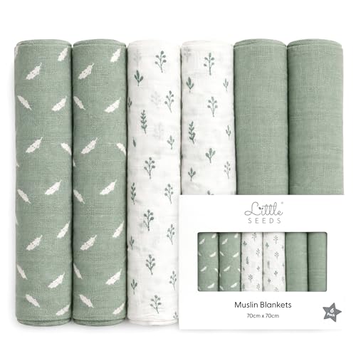 Little Seeds Baby Muslin Cloths 70 x 70cm, 6 Pack | Soft & Absorbent Muslin Squares & Burp Cloths for Newborns | Breathable Baby Cloths - GREEN