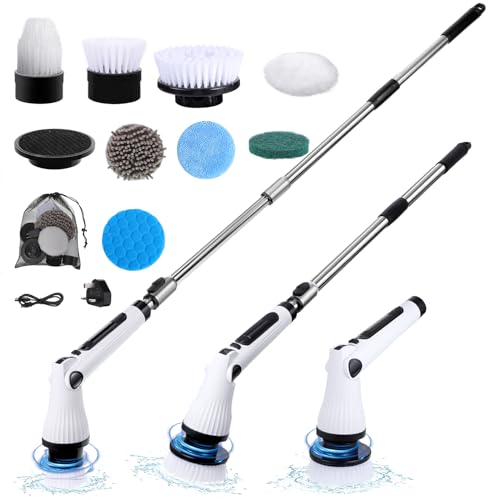 Electric Spin Scrubber, Cordless Scrubbing Brush with 8 Replaceable Brush Heads, 2 Speeds Electric Cleaning Brush with Adjustable Extension Handle for Bathtub, Kitchen, Floor,Tub, Tile