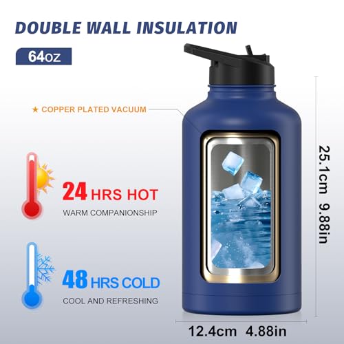Image of 64oz Insulated Water Bottle (Cold for 48 Hrs),BPA Free&Leak Proof,Half Gallon Stainless Steel Water Flask,Water Jug with Straw Spout Lids for Gym,Hiking,Camping,Deep Blue