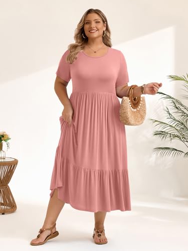 Image of LARACE Plus Size Dresses for Women Summer Casual Short Sleeve Long Dress Flowy Maxi Beach Dresses with Pockets L-6XL