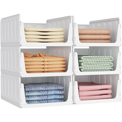 Lifewit 6 Pack Wardrobe Storage Organiser Stackable Closet Organizer Hat Boxes Plastic Clothes Basket Cupboard Shelves for RV Bathroom Kitchen Laundry Room Office Dorm White 42 cm Depth