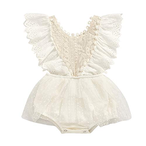 Eledobby Bébés Filles Tulle Barboteuse à Volants en Dentelle Une Pièce Tenues Nouveau-né Body Tout-Petit Combinaison Fête d'anniversaire Costume Printemps Été Vêtements Blanc 0-3 Mois Cover