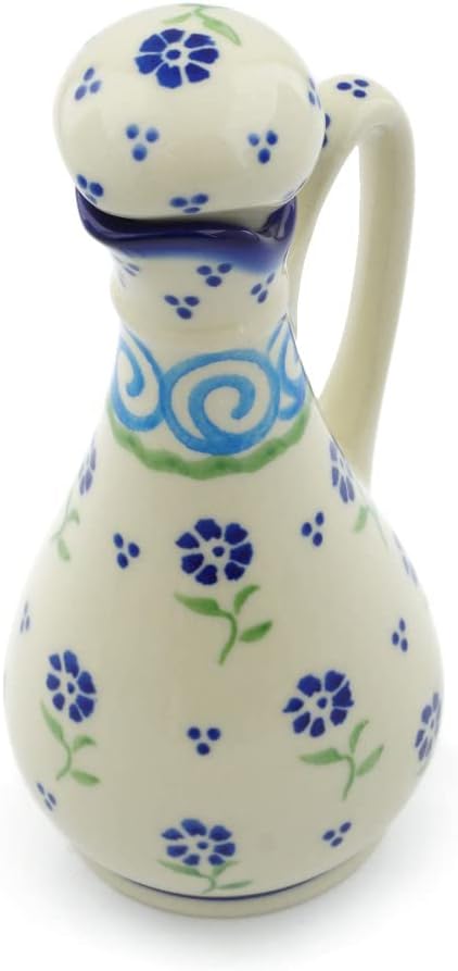 Polmedia Polish Pottery Bottle - Blue Pansy Pattern Handmade in Boleslawiec Poland by Ceramika Bona + Certificate of Authenticity