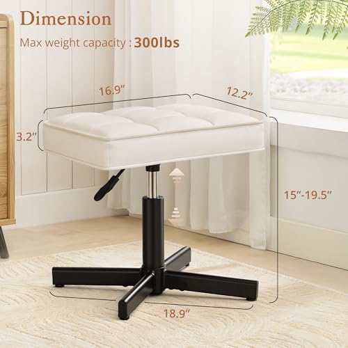 Image of LUE BONA Adjustable Vanity Stool, 15''-19.5'' Foot Rest Under Desk, 360 Swivel Vanity Chair for Makeup Room, Cream Upholstered Faux Leather Ottoman for Bathroom & Living Room, 300lbs