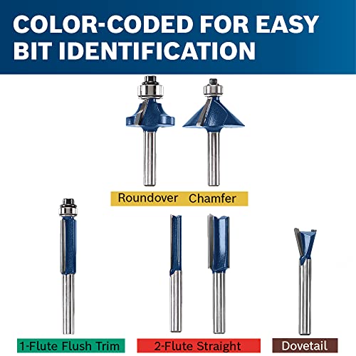 Image of BOSCH RBS006 6-Piece 1 /4 in. Shank Carbide-Tipped Multi-Purpose Router Bits Assorted Set with Included Storage Case for Applications in Straight, Trimming, Decorative Edging, Dovetail Joinery