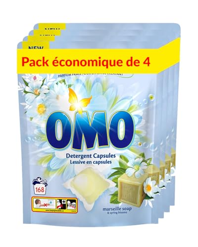OMO Jabón de Marsella Cápsulas de detergente: limpieza profunda, frescura duradera y aroma hasta 14 días, control integral de olores, eficaz en lavado en frío – 168 cápsulas (42 paquetes de 4)
