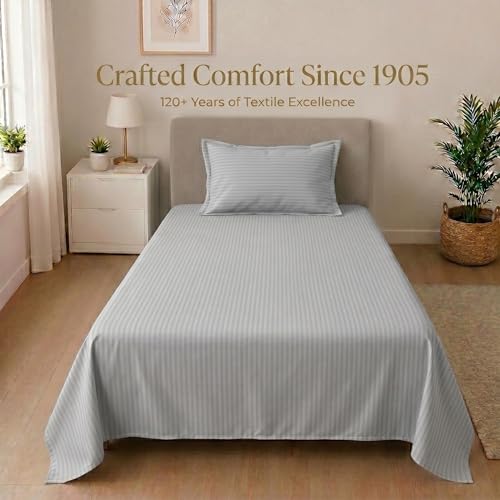 Image of Mafatlal Classic 210 TC 100% Cotton Single Bedsheet | 90 x 60 Inches | Premium Soft Fabric | Italian Stripes Design | Durable & Comfortable | Grey