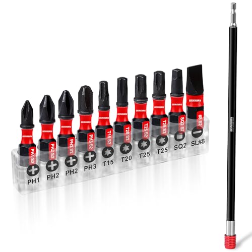 Geinxurn 12” Impact Screwdriver Bit Holders with 10Pcs Screwdriver Bit, Magnetic Extension Quick-Change Socket Drill Bit Holder Cr-V Steel Hex Shank Quick Release Extra Long Drill Bit Guide