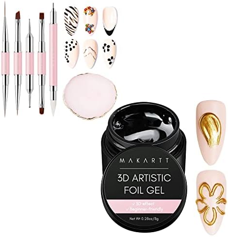 Makartt 3D Nail Foil Glue, 8ml Foil Transfer Gel Foil Bundle with Nail Art Brushes Kit,Liner Brushes for Nails