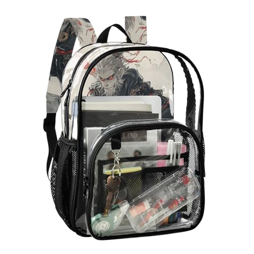 Monkey Warrior Red Clear Backpack, PVC Transparent Bag with Large Capacity for Boys, Girls, Men, Women, See Through Bookbag for School Work College Travel2
