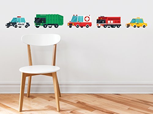 Transports Fabric Wall Decal, Set Of 5 Emergency Rescue Vehicles And City Trucks, Transportation Wall Decor With Police Car, Garbage Truck, Ambulance, Fire Truck, And Taxi, Non Toxic And Reusable #TOP29