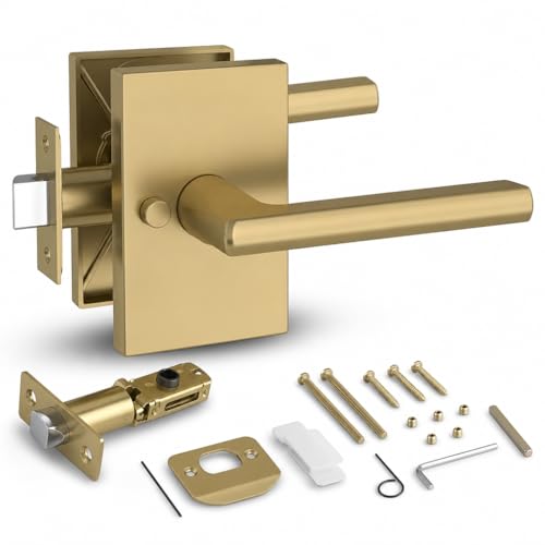 Image of Mega Handles Glamor Privacy, Lever & Lock Door Handle Set for Hallway, Closet and Bathroom, Keyless Lock, Heavy Duty Door Levers, Fits All Standard Door Sizes, Screws Included - Satin Brass (1 Pack)