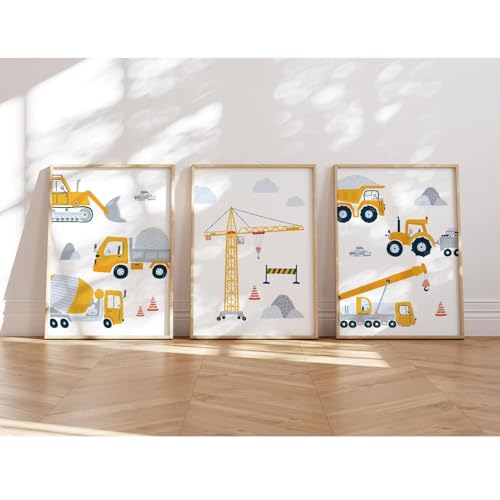 MeinBaby123&reg; Bilder Baufahrzeuge | 3er Set DIN A4 | Bagger, Kran, Baumaschine, Kipplaster | Poster Kinderzimmer | Deko Bilder Kinderzimmer Junge | Babyzimmer Deko (Bagger V1)