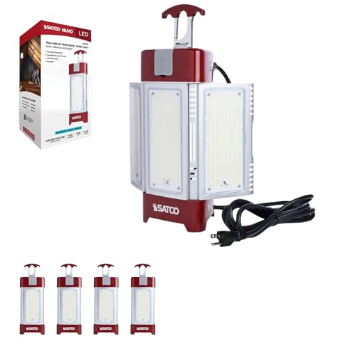 Satco S13175 30/70 / 100/120 Watt LED Work Light with Remote 5000K Natural Light IP64 Rated Red Finish Step Dimmable 120 Volt Portable Utility Fixture (4 Pack)