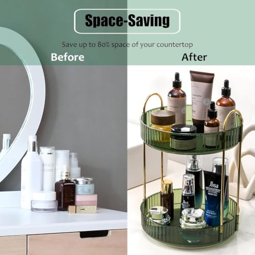 Image of Nieifi KIMEE 360 Rotating 2-Tier Makeup Organizer | Elegant Clear Green Lazy Susan Vanity Storage for Skincare Perfumes and Cosmetics | Multi-Purpose Tabletop Countertop Rotating Organiser Tray